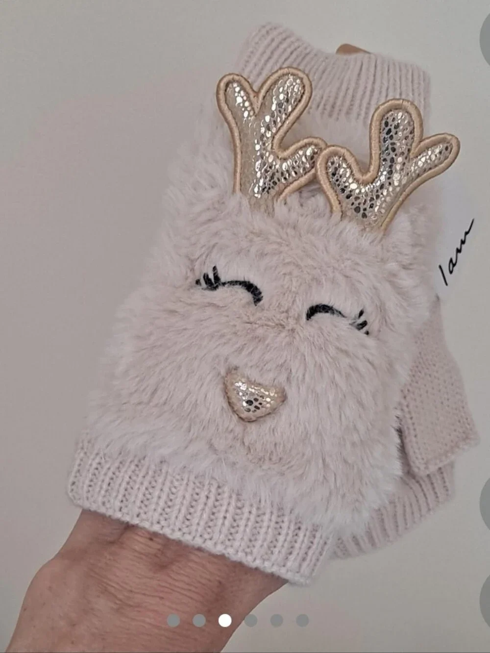 I AM Beige faux fur knit Fingerless Gloves Reindeer Mittens Holiday BRAND NEW